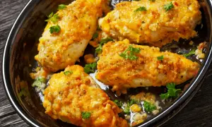 Filet z kurczaka inaczej z serem, zapieczony z chrupiącą panierką i posypany natką pietruszki, podany w ciemnej misie.