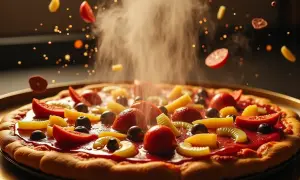 Słodka pizza z owocami i czekoladą, unosząca się para i spadające składniki tworzą magiczny widok.
