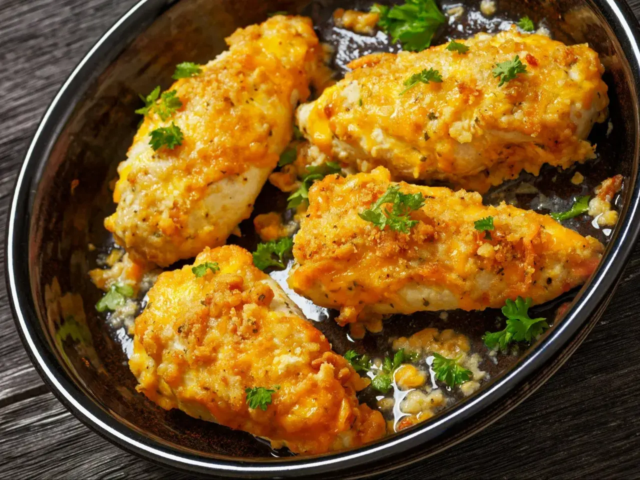 Filet z kurczaka inaczej z serem, zapieczony z chrupiącą panierką i posypany natką pietruszki, podany w ciemnej misie.