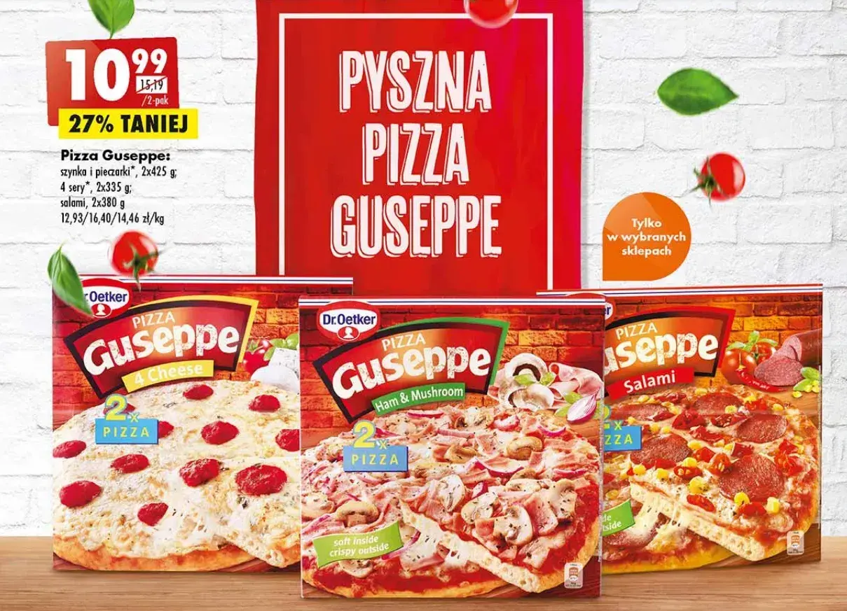 Trzy opakowania pizzy mrożonej Giuseppe: 4 sery, szynka i pieczarki, salami. Promocja 27% taniej.