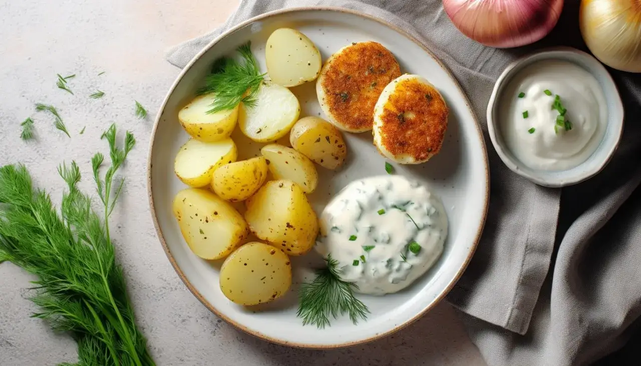Kotlety jajeczne z ziemniaczkami i sosem koperkowym. Idealne połączenie na obiad.