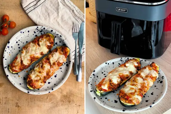 Faszerowana cukinia z ryżem i serem, idealna na obiad z air fryera. Pyszne i proste air fryer przepisy obiad.