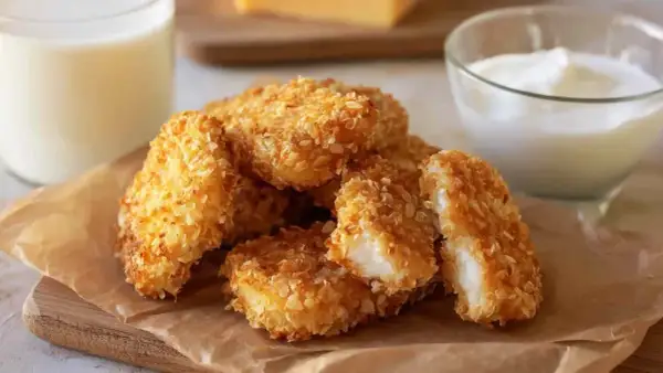 Chrupiący kurczak w panko, idealny do maczania w sosie. Obok szklanka mleka i miseczka jogurtu.